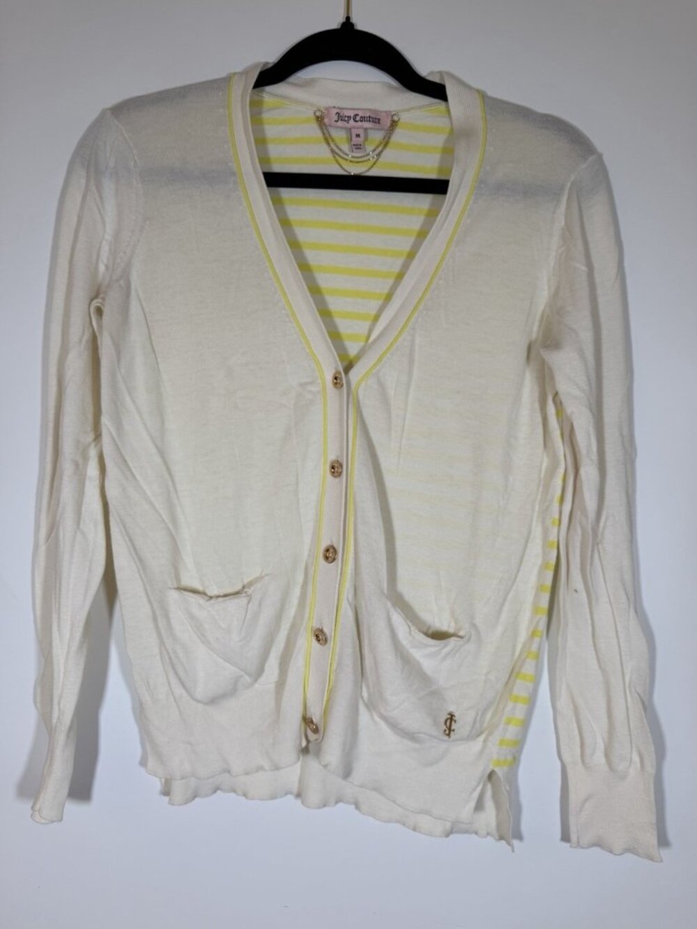 Vintage Y2K Juicy Couture cream yellow striped vneck cardigan coquette M retro